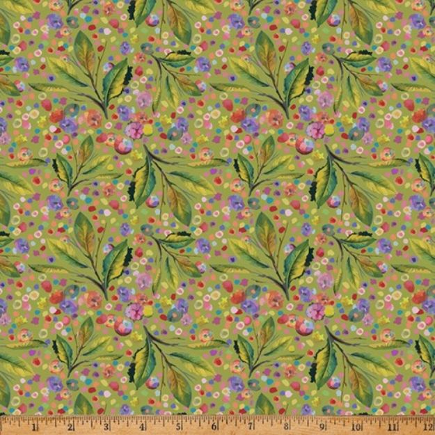 Picture of Fabric Whimsical Flowers Leaves Olive